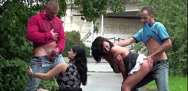  Public sex foursome orgy with a pregnant girl